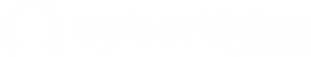 White logo of Cyberthics featuring a stylized sun and the text 'Cyberthics Digital Solutions'.