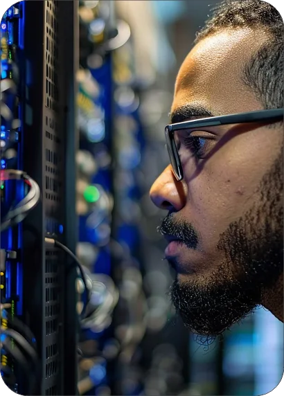 Individual examining server equipment in a data center with a focused expression.
